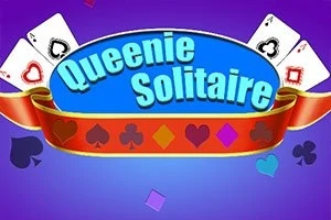 Niebiesko-fioletowe tło z nazwą Queenie Solitaire otoczoną kartami do gry i czerwonym paskiem z symbolami karcianymi