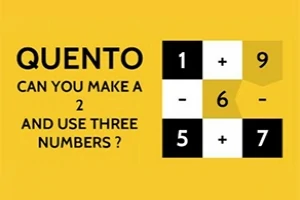 Na żółtym tle znajduje się układanka matematyczna z liczbami i znakami, z wyraźnie widocznym pytaniem Can you make a 2 and use three numbers?