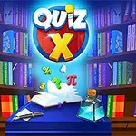 Kolorowy grafik z napisem Quiz X na tle półek z książkami, otwarta książka, kałamarz i różne symbole matematyczne unoszące się nad nią