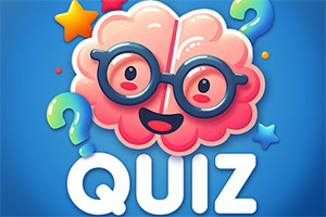 Kolorowa ilustracja uśmiechniętego mózgu w okularach na niebieskim tle, otoczonego znakami zapytania, gwiazdkami i napisem „QUIZ