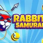 Grafika przedstawia animowanego królika w czerwonej opasce z hakiem, otoczonego przez uśmiechnięte pszczoły, na niebieskim tle z promieniami i napisem RABBIT SAMURAI 2