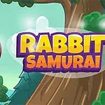 Biały królik z bandaną na głowie skacze w lesie obok drzewa, obok napis Rabbit Samurai