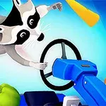 Uroczy szop skaczący w kierunku niebieskiej kierownicy, otoczony kolorowymi obiektami na niebieskim tle