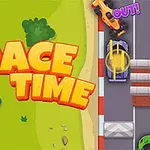 Kolorowa grafika przedstawiająca tor wyścigowy z samochodami wzdłuż barier i dużym napisem RACE TIME na zielonym tle