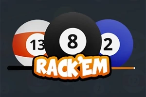 Trzy bile bilardowe z numerami 13, 8 i 2 oraz napis RACKEM poniżej