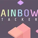 Kolorowy napis RAINBOW STACKER na ciemnym tle z pastelowymi klockami w tle