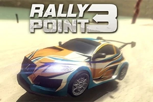 Samochód rajdowy o kolorowej karoserii jedzie po piaszczystej drodze z widocznym napisem Rally Point 3
