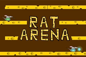 Napis RAT ARENA na tle z żółtymi platformami przypominającymi ser, z dwoma rysunkowymi szczurami po bokach