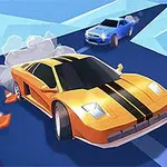 Pomarańczowy samochód sportowy z czarnymi pasami driftuje na niebieskiej trasie z pachołkami i chmurami dymu, a w tle znajduje się niebieski samochód
