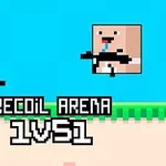 Dwa pikselowe postacie z karabinami na tle jasnoniebieskiego nieba i zielonego pola z napisem RECOIL ARENA 1VS1