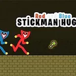 Dwie kolorowe postacie stickman w kolorach niebieskim i czerwonym biegną w kierunku klucza i drzwi z zamkiem, a nad nimi znajduje się napis Red and Blue Stickman Huggy