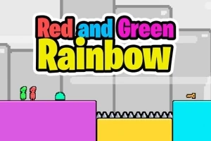 Dwoje postaci, czerwona i zielona, stoi na fioletowej platformie z kolcami poniżej, z kluczem widocznym na niebieskiej platformie, z kolorowym napisem Red and Green Rainbow na szczycie