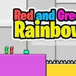 Dwoje postaci, czerwona i zielona, stoi na fioletowej platformie z kolcami poniżej, z kluczem widocznym na niebieskiej platformie, z kolorowym napisem Red and Green Rainbow na szczycie