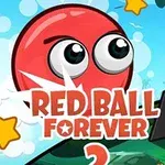 Czerwona kulka z dużymi oczami i napis Red Ball Forever na tle krajobrazu z gwiazdkami i tropikalnymi elementami