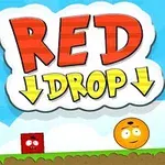 Czerwony kwadrat i pomarańczowy okrąg z twarzą na zielonym tle w otoczeniu chmur, z napisem RED DROP