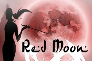 Czarna sylwetka postaci z mieczem na tle czerwonego księżyca i napisu Red Moon