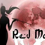 Czarna sylwetka postaci z mieczem na tle czerwonego księżyca i napisu Red Moon