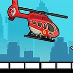 Czerwony helikopter unoszący się nad postacią na tle miejskiej panoramy i niebieskiego nieba