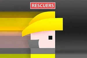 Postać z kanciastą grafiką w żółtym hełmie na szarym tle z napisem RESCUERS na górze