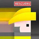 Postać z kanciastą grafiką w żółtym hełmie na szarym tle z napisem RESCUERS na górze