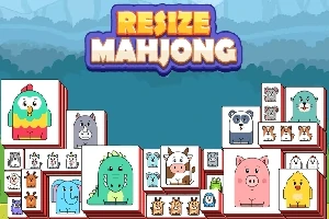 Kolorowe kafelki z obrazkami różnych zwierząt ułożone na tle gór z napisem Resize Mahjong na górze