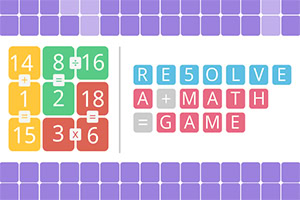 Kolorowe kafelki z liczbami i matematycznymi symbolami po lewej stronie oraz tekst „RESOLVE A MATH GAME” utworzony z liter i cyfr na kolorowych prostokątach po prawej stronie, z fioletową kratką w tle