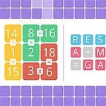 Kolorowe kafelki z liczbami i matematycznymi symbolami po lewej stronie oraz tekst „RESOLVE A MATH GAME” utworzony z liter i cyfr na kolorowych prostokątach po prawej stronie, z fioletową kratką w tle
