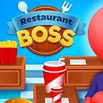 Czerwona postać bez twarzy w niebieskiej koszuli siedzi przy ladzie z frytkami i napojami, nad którą znajduje się napis Restaurant Boss