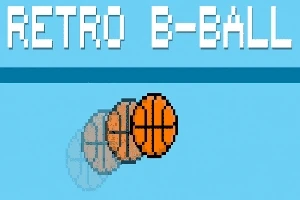 Stylizowana pikselowa grafika pokazująca poruszającą się piłkę koszykową z efektem ruchu oraz napis Retro B-Ball na niebieskim tle