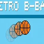 Stylizowana pikselowa grafika pokazująca poruszającą się piłkę koszykową z efektem ruchu oraz napis Retro B-Ball na niebieskim tle