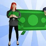 Kobieta z czerwonymi włosami trzymająca gotówkę i mężczyzna w garniturze opierający się o duży rysunek banknotu na tle w promieniach niebieskiego światła