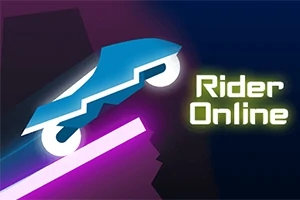 Niebieski futurystyczny pojazd na różowej linii z neonowym napisem Rider Online