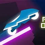 Niebieski futurystyczny pojazd na różowej linii z neonowym napisem Rider Online