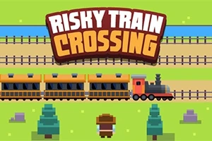 Pikselowy pociąg przejeżdża przez tory na zielonym tle z drzewami i wodą w oddali; nad pociągiem widoczny jest tytuł Risky Train Crossing