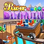 Napis River Diamonds z kolorowymi diamentami w tle kopalni z wagonikiem pełnym klejnotów na torze