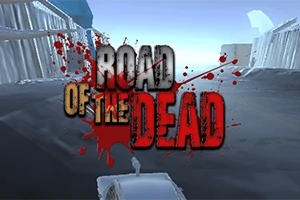 Napis Road of the Dead z efektem krwi na tle opustoszałej drogi z samochodem i barierami po bokach