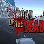 Napis Road of the Dead z efektem krwi na tle opustoszałej drogi z samochodem i barierami po bokach