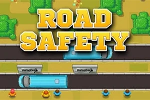 Napis ROAD SAFETY nad drogą z niebieskimi autobusami i postaciami na dole, otoczony zielonymi drzewami