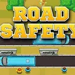 Napis ROAD SAFETY nad drogą z niebieskimi autobusami i postaciami na dole, otoczony zielonymi drzewami