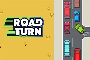 Żółte tło z logo „Road Turn” po lewej i kolorowymi samochodami na zakręcie drogi po prawej