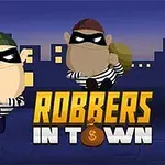 Dwóch kreskówkowych złodziei w pasiastych koszulkach z workami na tle miasta nocą, z napisem Robbers in Town