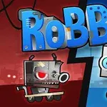Roboty na tle niebieskiego i czerwonego tła z dużym napisem w stylu kreskówkowym