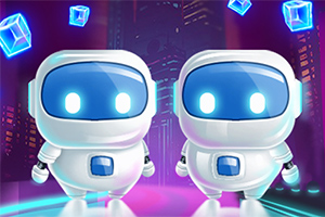 Dwa uśmiechnięte roboty o futurystycznym wyglądzie z niebieskimi ekranami na twarzach, unoszące się w powietrzu z niebieskimi sześcianami na tle neonowego miasta