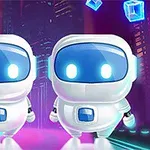 Dwa uśmiechnięte roboty o futurystycznym wyglądzie z niebieskimi ekranami na twarzach, unoszące się w powietrzu z niebieskimi sześcianami na tle neonowego miasta