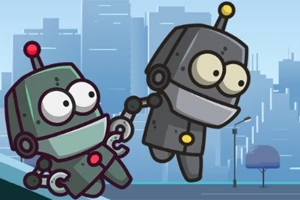 Dwa kreskówkowe roboty z antenkami, trzymające się za ręce, na tle miejskiego pejzażu