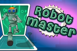 Zielony robot wychodzi z ekranu na tle kolorowego napisu Robot master z zębatką