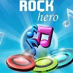 Kolorowe nuty i przyciski na niebieskim tle z napisem Rock Hero
