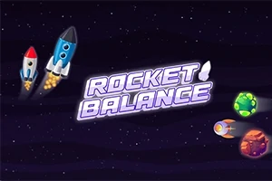 Dwa kolorowe statki kosmiczne w kosmosie obok napisu Rocket Balance oraz kolorowe planety w tle