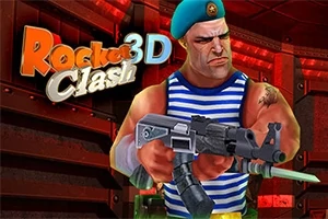 Postać żołnierza w niebieskim berecie i pasiastym podkoszulku trzymająca karabin na tle industrialnego wnętrza z napisem „Rocket Clash 3D”