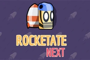 Na fioletowym tle znajduje się rysunkowa postać z rakietą na plecach oraz napisy Rocketate Next